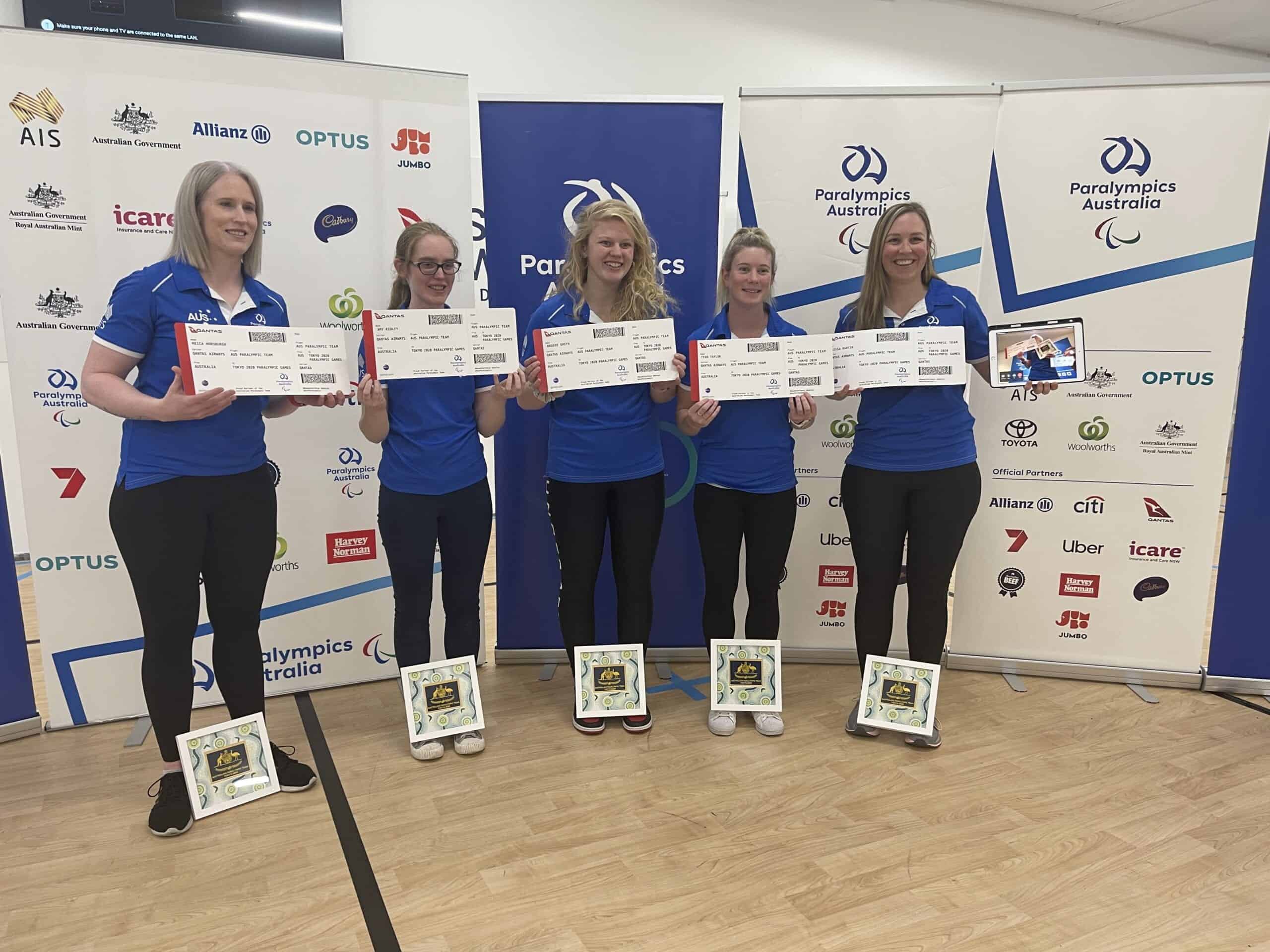 The picture shows 5 of the Australian Paralympic Goalball team members,Meica Horsburgh Jenny Blow Tyan Taylor Raissa Martin Brodie Smith Amy Ridley