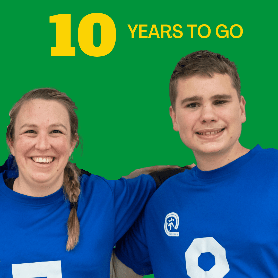 Text showing "10 years to go" Photo of aspiring Parallympian Ollie Fanshawe and Paralympian Raissa Martin