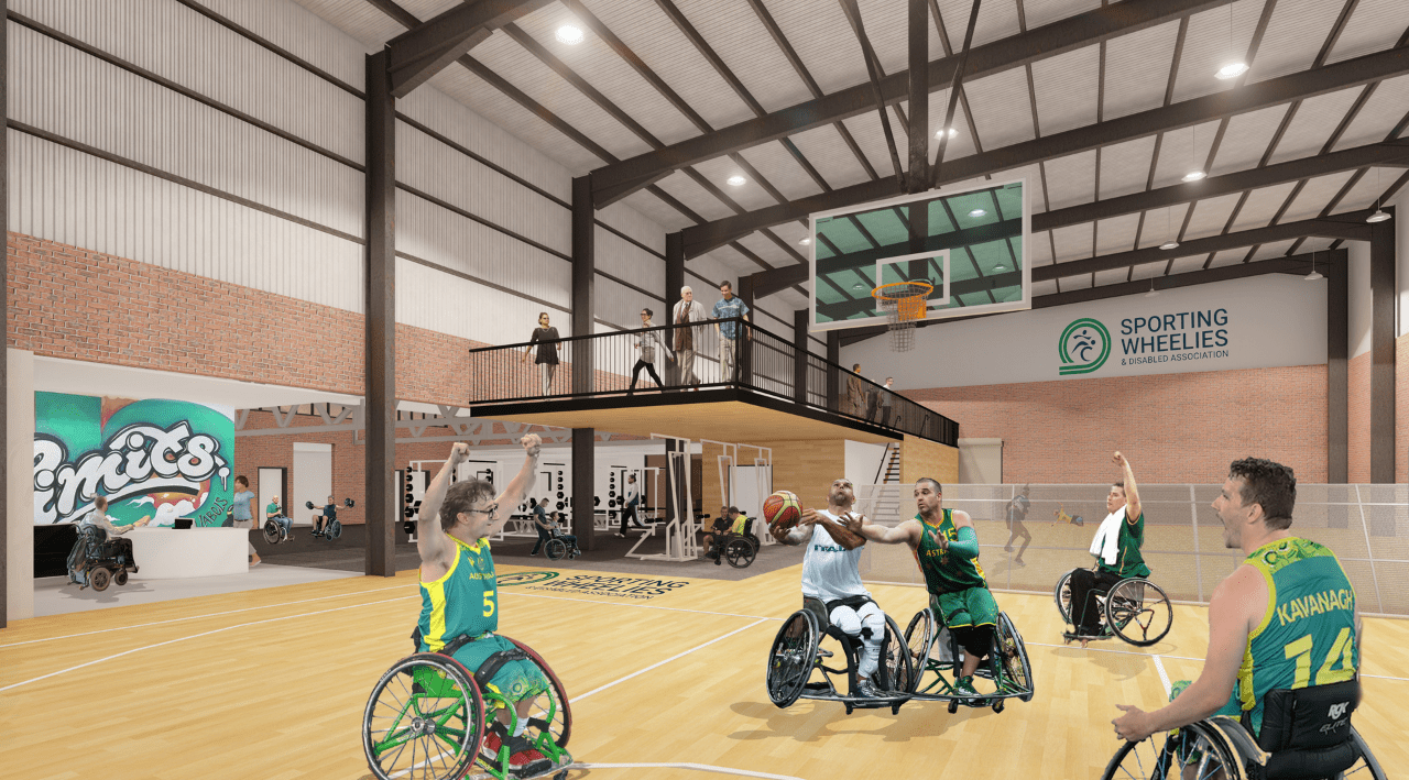 Render of the potential site for Milton showing people playing Wheelchair Basketball with Goalball courts and Gym in the background