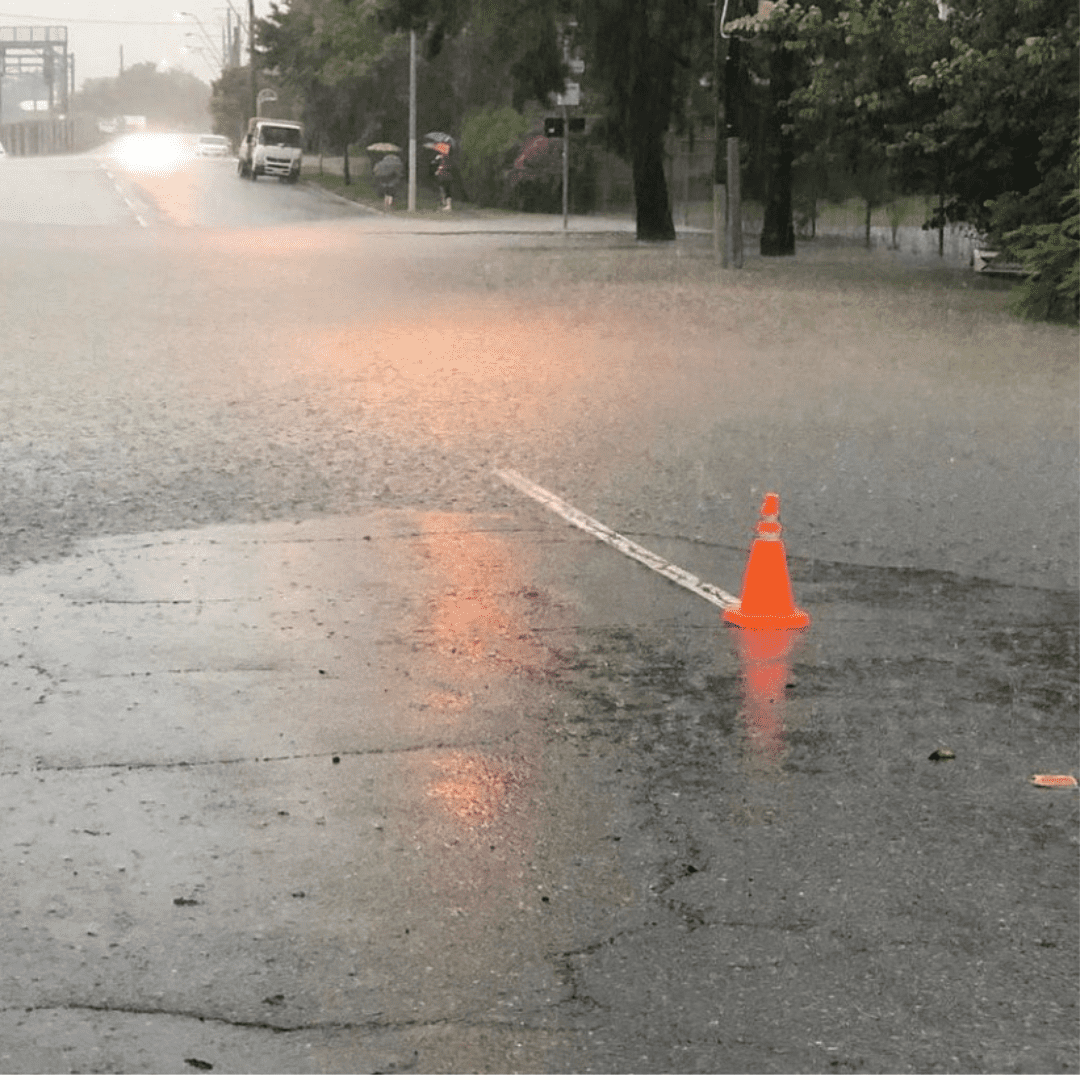 A road flooded by rainwater.