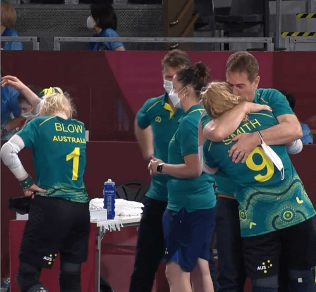 Australian women goalball team celebrating after beating Russia at the Paralympics.