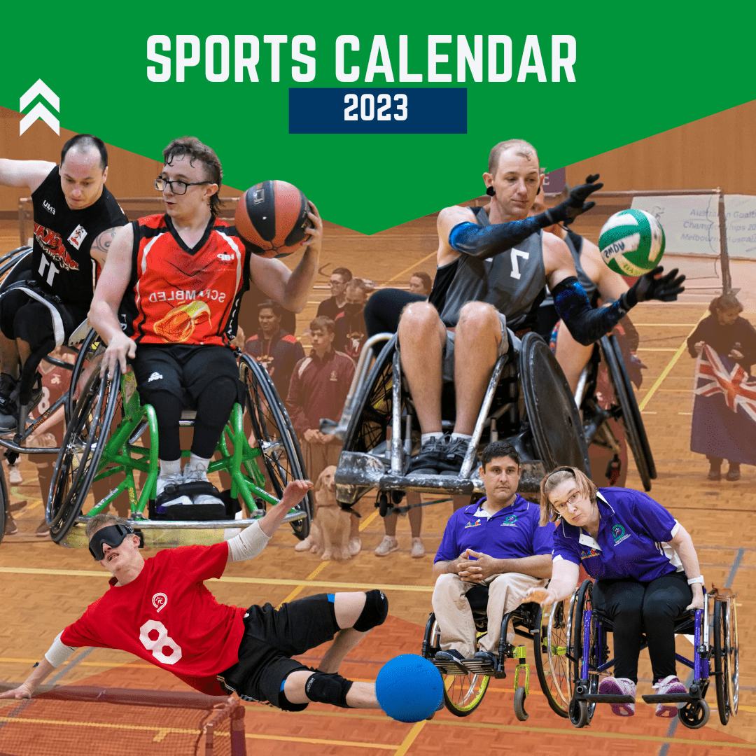 Visual showing people playing sport - a Goalball player defending a goal, someone playing Boccia, someone playing wheelchair basketball and a wheelchair rugby athlete. All disability sports