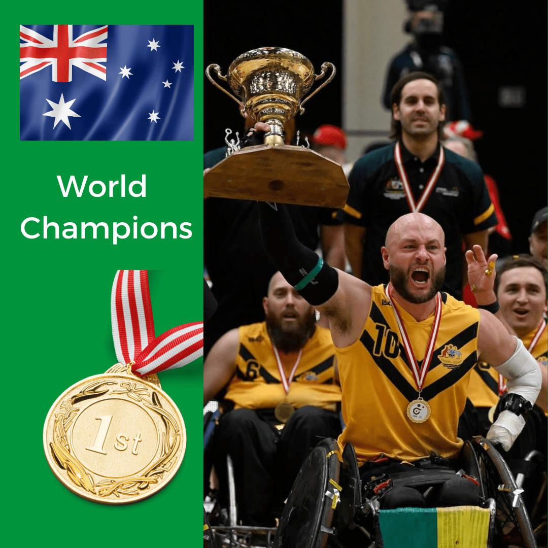 Australian Wheelchair Rugby Team Captain, Chris Bond holding the Wheelchair Rugby World Championship Trophy